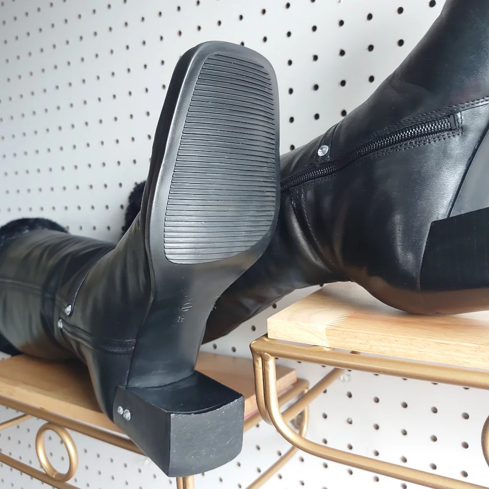 Westies Chunky Heel Block Leather, Fur And Rivet Rhinestone Winter Boots Black - Picture 8 of 14
